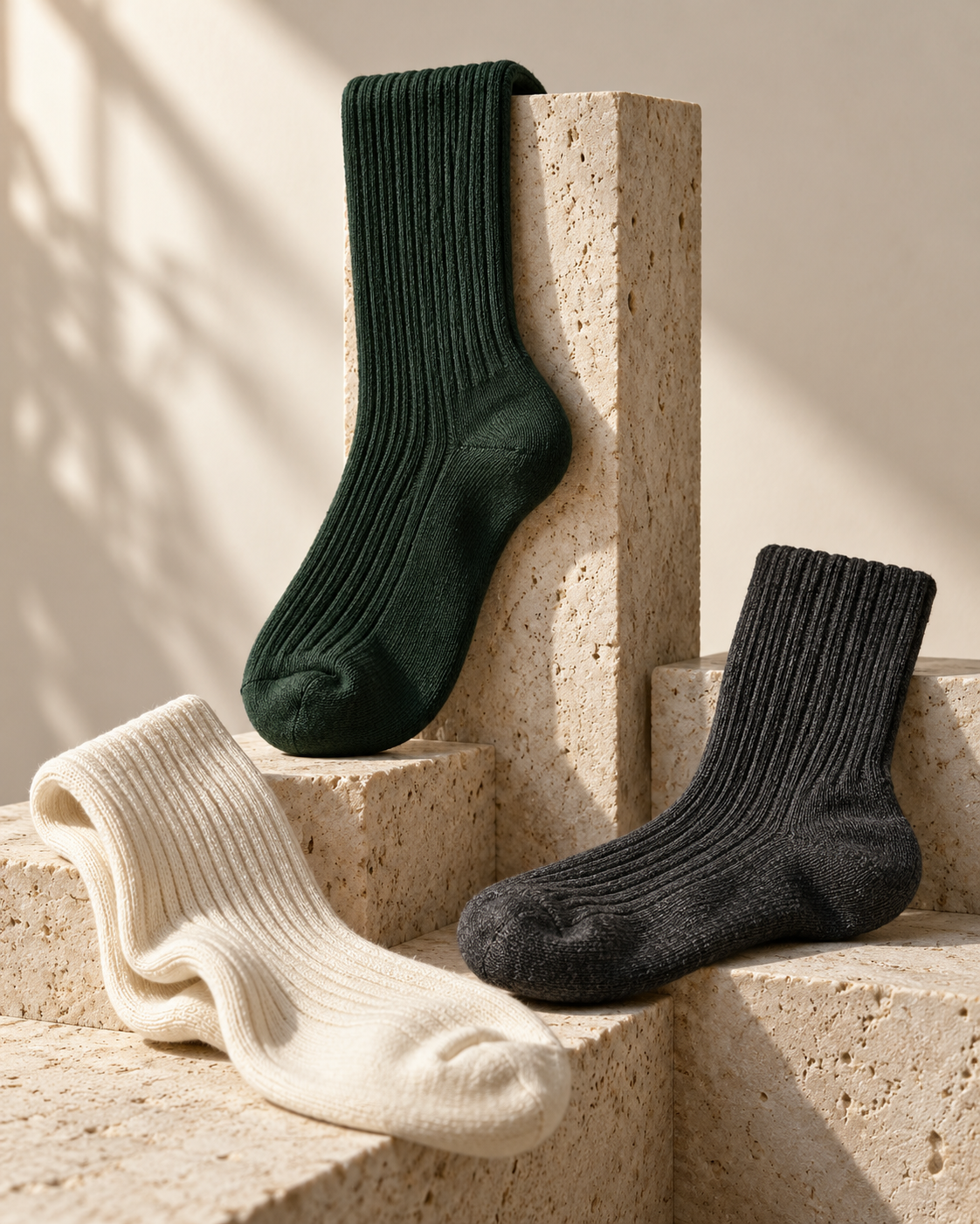 Concept collection of forest green, cream and charcoal ribbed socks